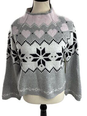 No Boundaries Womens S Fair Isle Heart Snowflake Sweater Gray Pink Pullover
